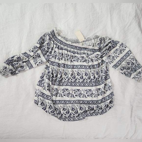 NWT Melloday women’s white and blue off shoulder half sleeve boho top - Picture 2 of 11